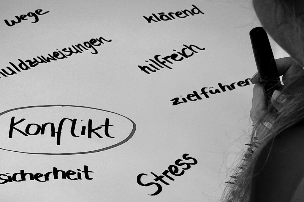Konflikte sind Chancen Schwarz-weiße Zeichnung mit Worten zum Thema Konflikt, darunter Stress und Sicherheit.